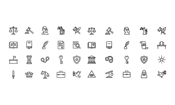 Set outline icons related to justice. Linear icon collection. Editable stroke. Vector illustration