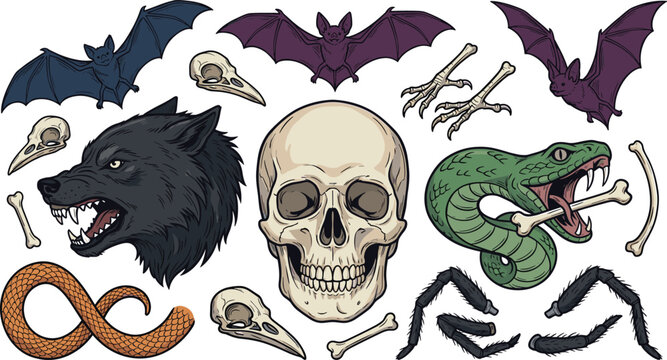 Spooky Halloween Vector Element Set Featuring Human Skull Angry Werewolf Wolf Head Green Snake Flying Bats and Bird Bones for Gothic Horror Tattoo Designs