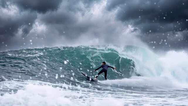 Surfer performing aerial maneuver on large ocean wave under stormy sky. Dynamic tracking shot of extreme water sports action.