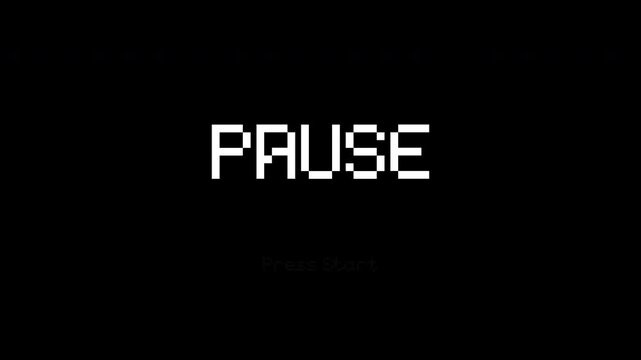 Retro 8 bit pixel art pause screen on black background