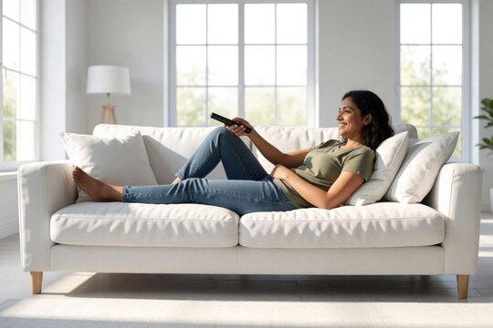 Smiling Indian woman relaxes on a white couch holding a remote control. She watches TV, switching channels, enjoying a lazy weekend day inside her modern, sunlit apartment.