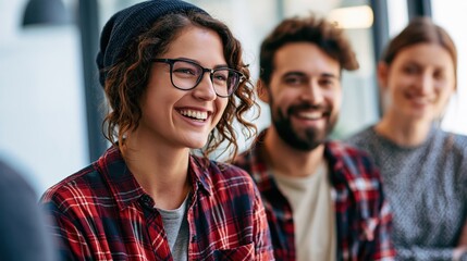 Fototapeta premium Smiling young woman with glasses in a plaid shirt talking to friends