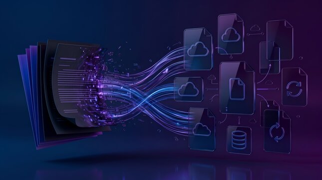 Digital data transfer with glowing purple and blue streams