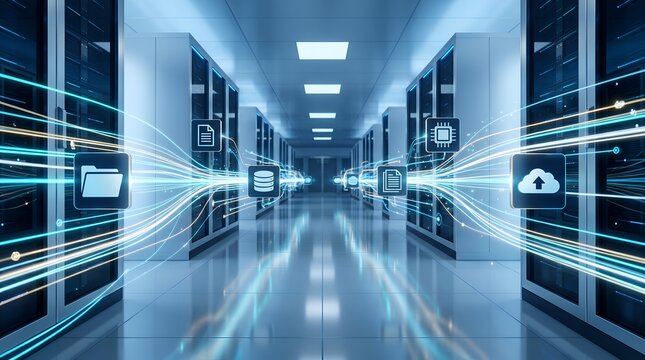 Data center hallway with glowing data streams and icons