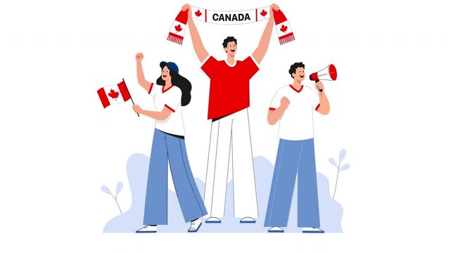 Animated patriotic vector illustration showing people celebrating with Canadian flags, a CANADA banner and a megaphone. Energetic character movements create a festive national celebration scene