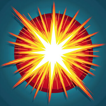 Exploding comic book starburst with vibrant red and yellow rays of light radiating outward on a blue background creating dynamic comic action visuals.