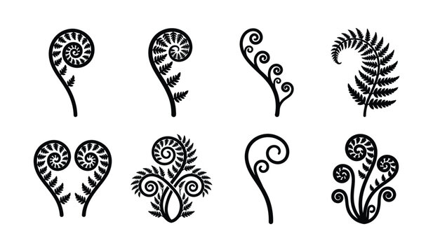 Decorative botanical swirl icons, fern curls and leafy spiral ornaments, elegant black silhouette vector graphics.