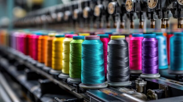 Colorful spools of thread are lined up on machinery at a textile factory. It shows apparel production, craftsmanship and vibrant fiber art.