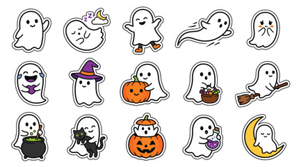 Fototapeta premium Set of cute hand drawn ghost characters for halloween stickers and festive holiday party decorations