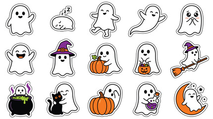 Fototapeta premium Set of cute hand drawn ghosts for halloween celebration stickers and festive holiday design elements