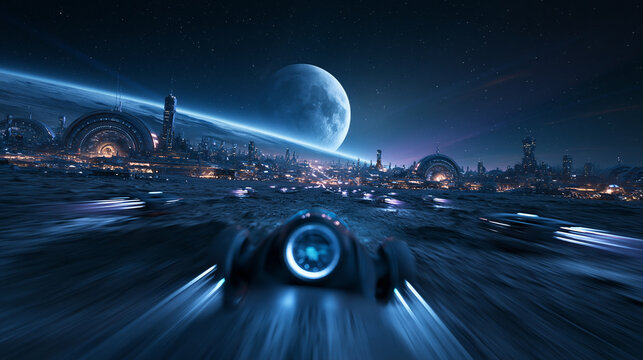 Futuristic Vehicle Speeding Towards Space City on Alien Planet