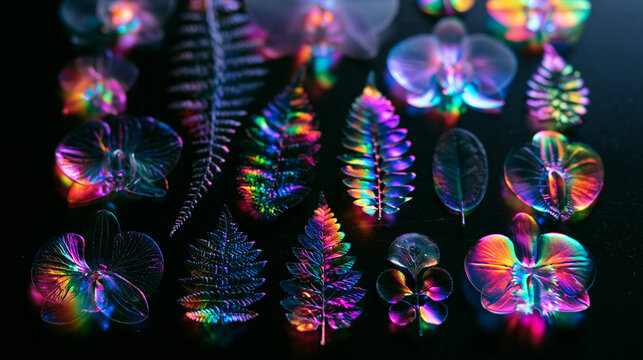 Holographic Iridescent Botanical Leaves and Orchid Flowers Pattern