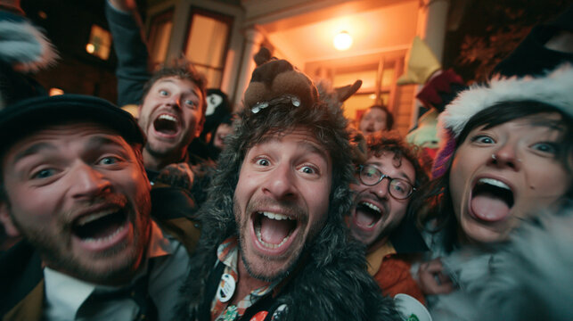 Excited Friends Cheering and Taking Selfie at Night Party