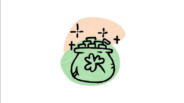 An animated hand-drawn bubbling pot of gold coins adorned with lucky four-leaf clovers. Ideal for St. Patrick's Day wealth concepts, good luck wishes, Irish folklore magic, and treasure hunts. 