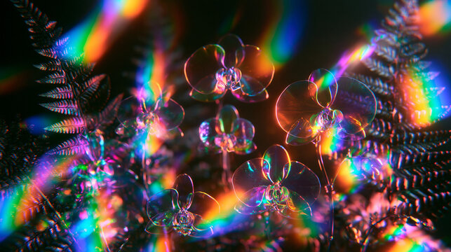 Glass Orchids Glowing with Prism Rainbow Light Flares