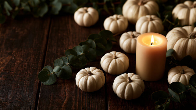 White Pumpkins and Burning Candle on Wooden Table