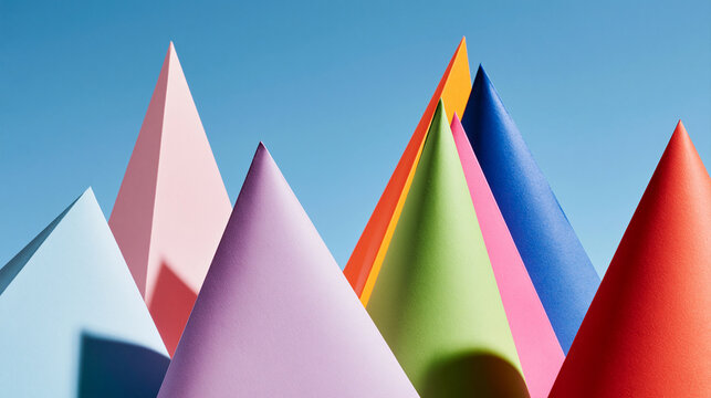 Colorful Geometric Paper Cones Against Blue Sky Background