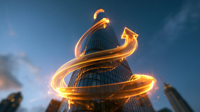 Glowing Arrow Spiraling Up Corporate Skyscraper Illustrating Business Growth
