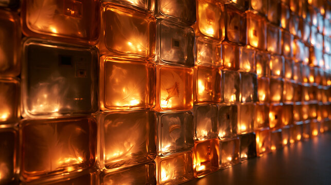Illuminated Glass Block Wall with Warm Ambient Lighting