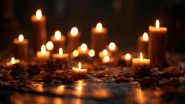 Burning Candles with Autumn Leaves on Wooden Surface