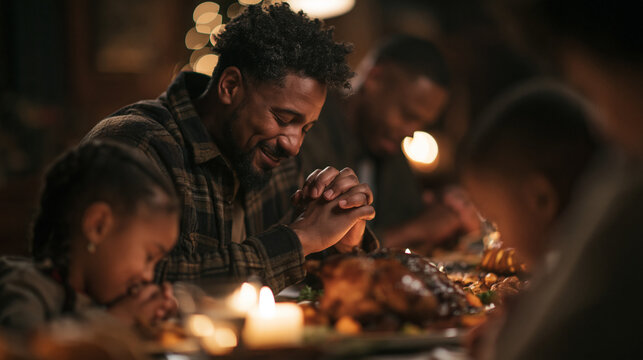 African American Family Praying Together Before Thanksgiving Dinner
