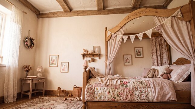 Vintage Rustic Children Bedroom with Canopy Bed