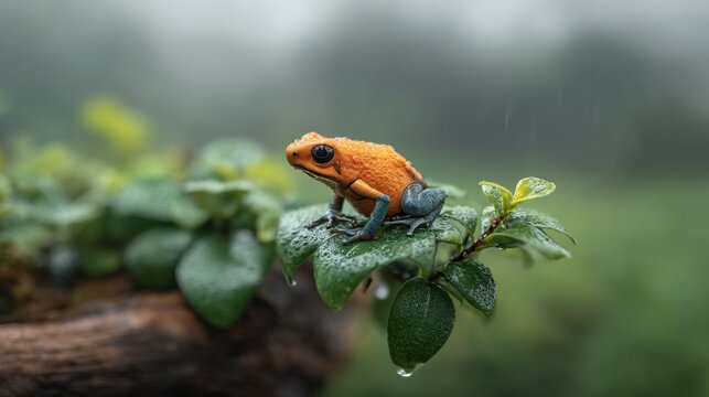 Orange and blue frog on a leaf amidst rainfall. A close-up of an amphibian in a wet, green setting