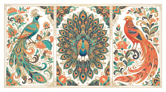Ornate vector illustration featuring vibrant peacock birds and intricate floral patterns styled in a classical decorative triptych art design composition