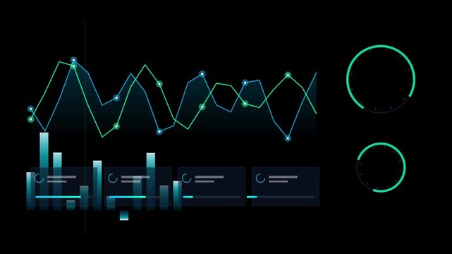 Digital data visualization showing financial trends and statistical information with glowing graphs and charts on a dark background for business analysis