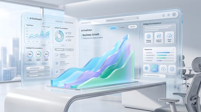 Futuristic AI dashboard with glowing business growth charts and data analysis