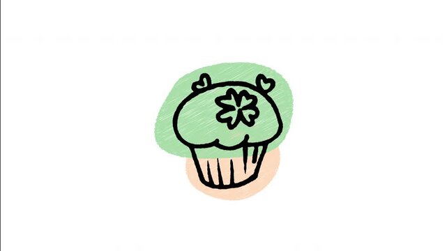 An animated hand-drawn festive cupcake decorated with green icing and a lucky shamrock. Ideal for St. Patrick's Day party food, Irish dessert menus, and baking celebration themes. 