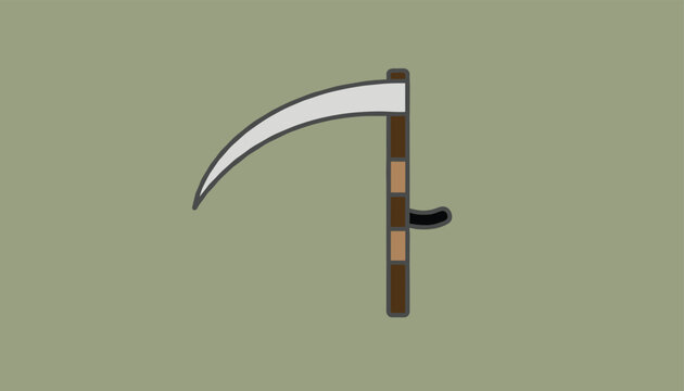 Minimalist illustration of a traditional harvesting scythe tool with a sharp steel blade on a solid sage green background.