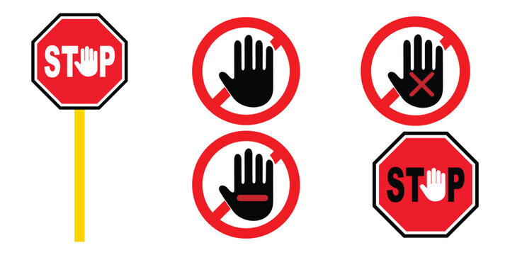 Red stop sign icons with hand gestures, flat vector warning symbols for traffic and safety, prohibited entry and no trespassing signs, collection of 5 regulatory road sign elements