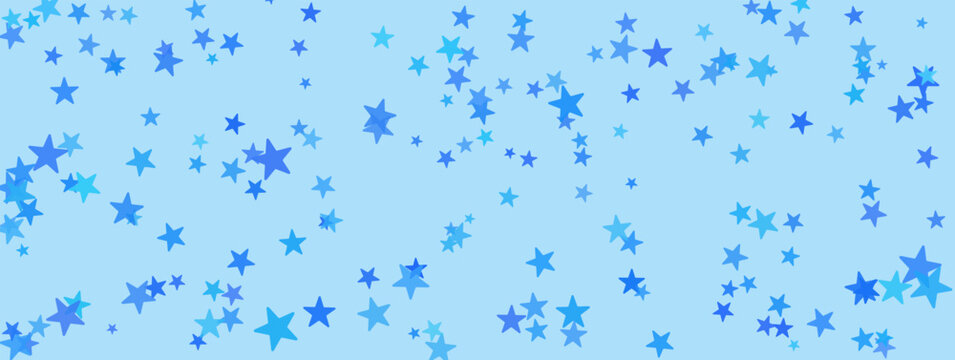 Scattered star frame pattern combines cyan and royal blue shapes on a pale backdrop. Varied sizes create an airy star arrangement across the frame. Flat vector background for notebook cover design