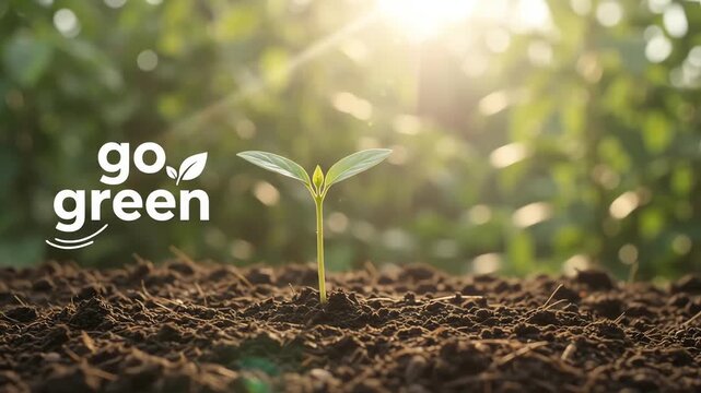A small green seedling growing in fertile soil with the text Go Green.