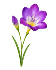 Obraz premium Purple freesia flower illustration with yellow center and closed bud on green stems provides botanical elegance for spring floral designs and nature themed wedding stationery or garden art projects.