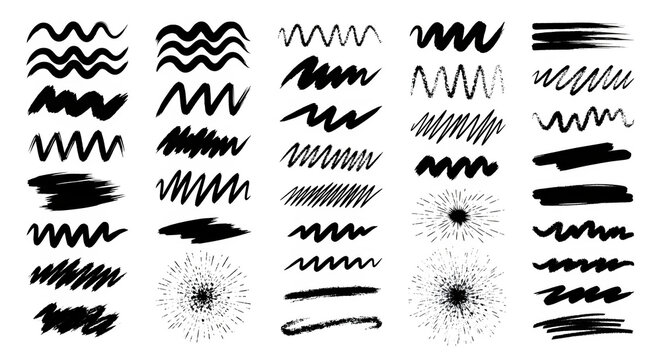 Hand-Drawn Grunge Brush Strokes and Scribble Shapes Collection Isolated on a Transparent Background