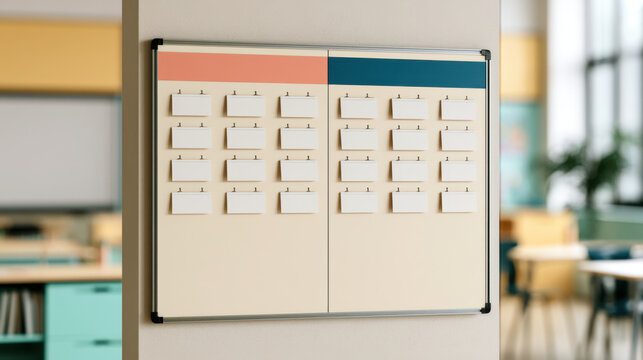 Classroom attendance check in board mockup with blank student cards, colored headers and organized layout for daily school tracking and classroom management