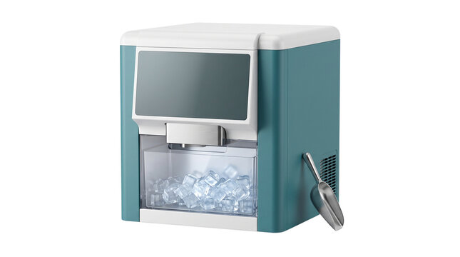 Modern portable ice maker machine with scoop isolated on white background