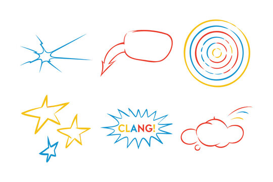 Retro comic style sound effect bubbles with clang text and abstract bursts for dynamic graphic design and energetic visual layouts.