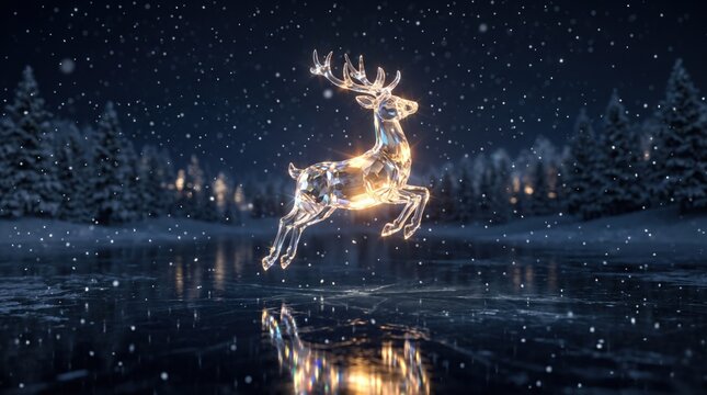 Radiant crystal reindeer soaring across a snowy winter scene illuminated by shimmering lights
