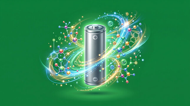Rechargeable Lithium Ion Battery Cell with Glowing Molecular Structures for Renewable Energy Storage