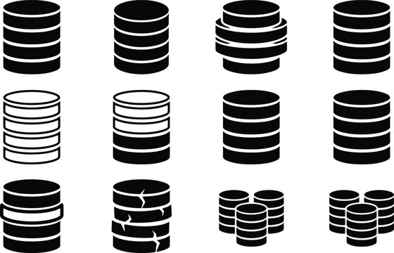 Database icon set, black and white server stack symbols, data storage vector collection, network technology graphic resources for web and app design