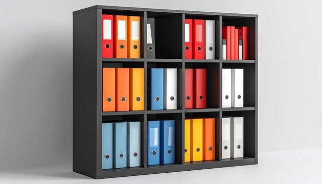 Modern dark grey bookshelf filled with colorful office ring binders and document folders