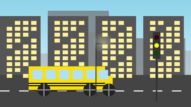 Yellow School Bus Driving Through Crowded Urban Cityscape Animation 16:9 60fps 4K Resolution