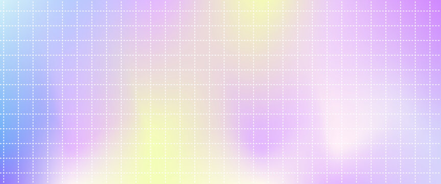 Gradient aurora gradation y2k purple holographic pastel pearlescent with dash grid paper background. Soft blend of iridescent foil and rainbow hues for a futuristic backdrop. Vector simple degrade bg