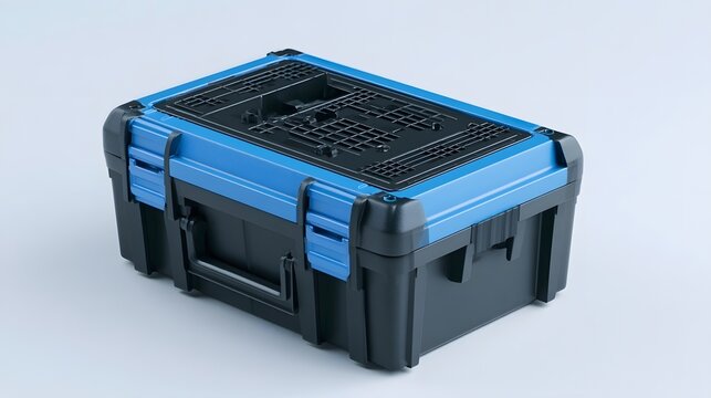 A blue and black plastic tool box with latches and ventilation slots on top  shown from a side angle on a plain surface