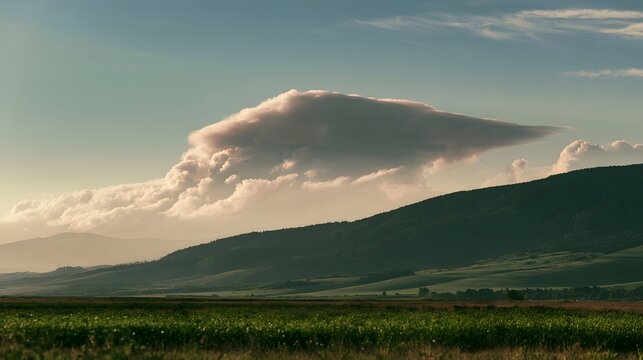 A large  uniquely shaped cloud drifts over rolling hills and green fields under a clear sky with soft lighting