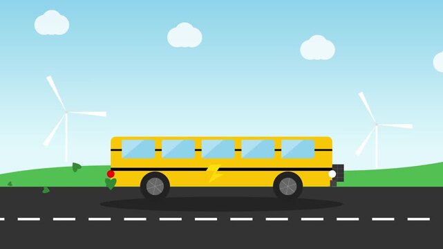 Modern Eco-Friendly Electric School Bus Driving on a Sustainable Road, 4K 60fps High Quality Footage