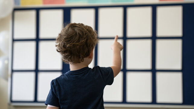 Young elementary student pointing at blank cards on a classroom birthday board with copy space for names, photos or educational content